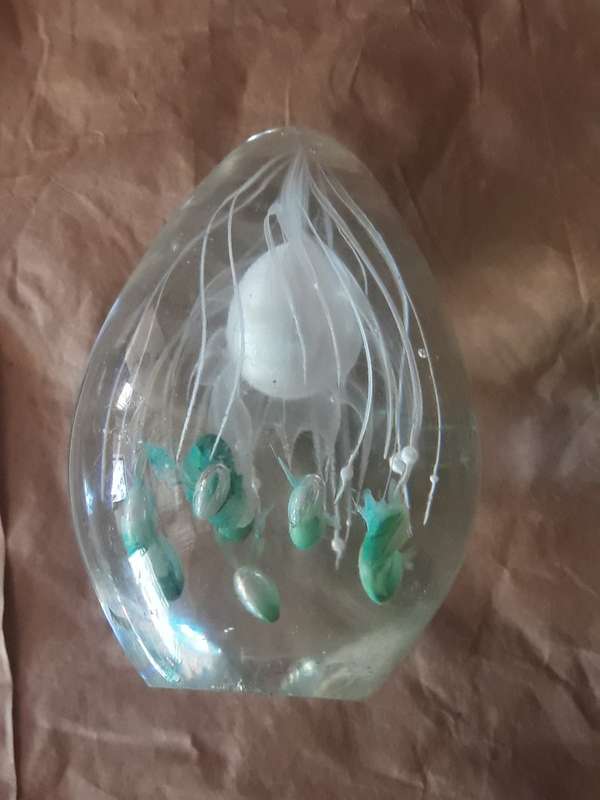 Glass paperweight green and white  pattern look at pics please