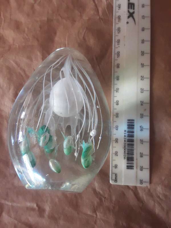 Glass paperweight green and white  pattern look at pics please