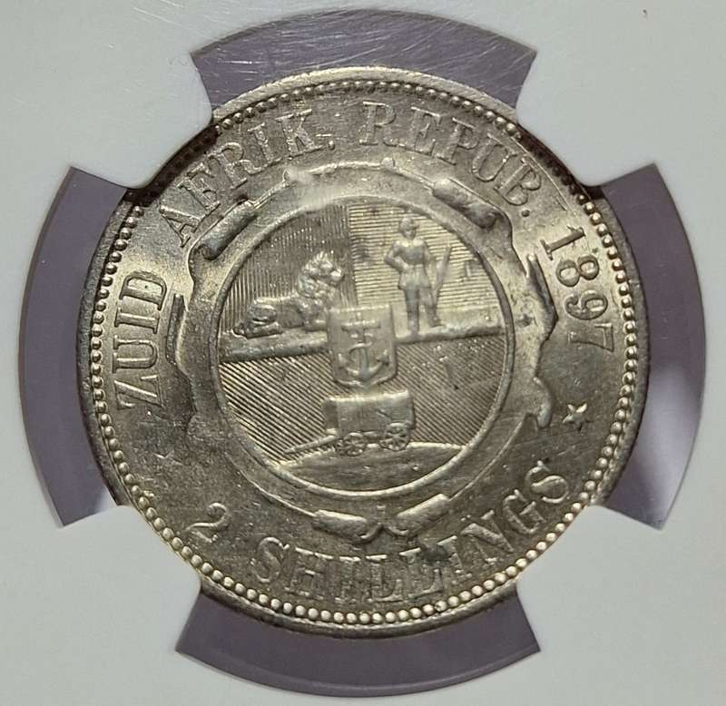 SCARCE!!!! MS61 !! 1897 Z.A.R 2 SHILLING  - NGC MS61