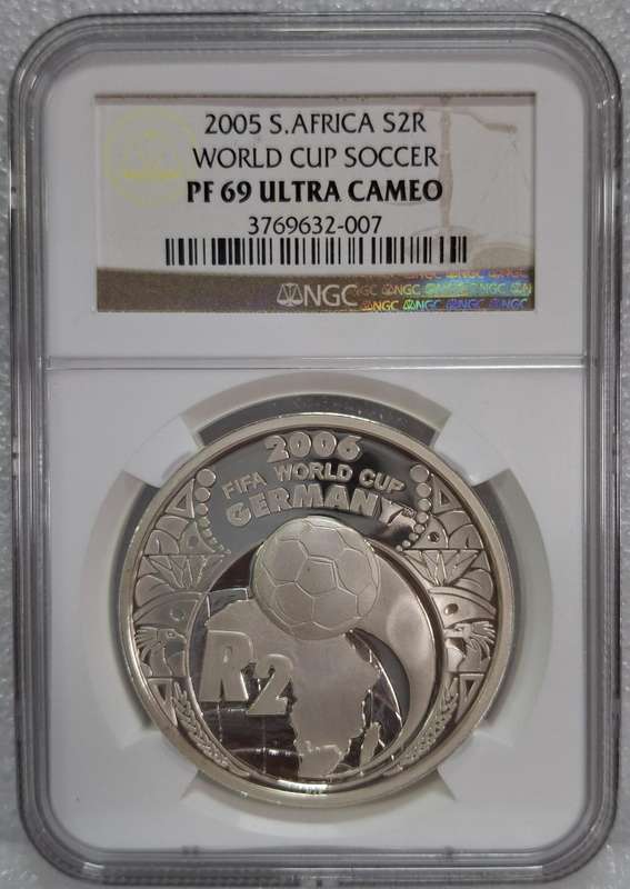 2005 SOUTH AFRICAN SILVER R2 - WORLD CUP SOCCER PF69 ULTRA CAMEO