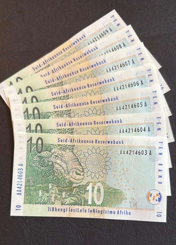 Tito Mboweni Rare AA series R10 - 7 uncirculated notes available - bid - few opportunities to find t