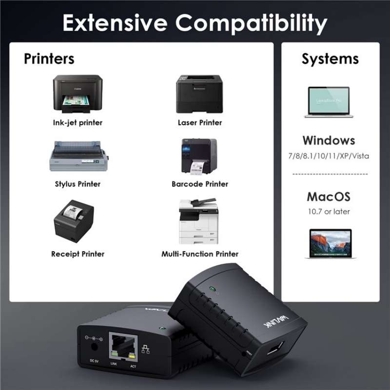 WAVLINK NU72P11 100Mbps Network Print Server USB 2.0 Network Printer Power Adapter(EU Plug)