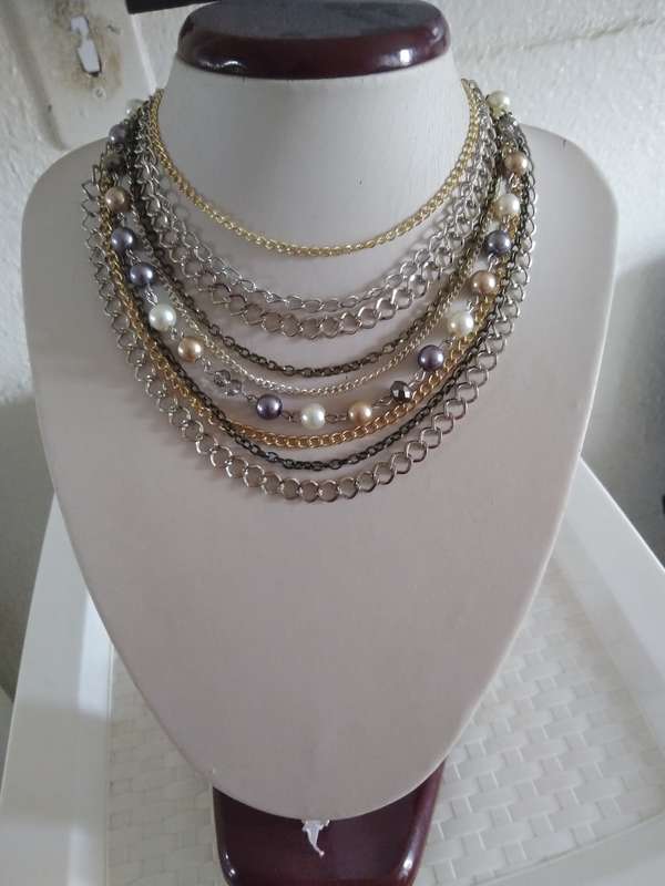Layered Multi Strand Chunky Chain Pearl Necklace