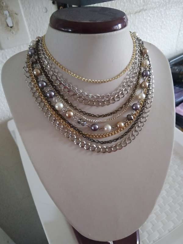 Layered Multi Strand Chunky Chain Pearl Necklace