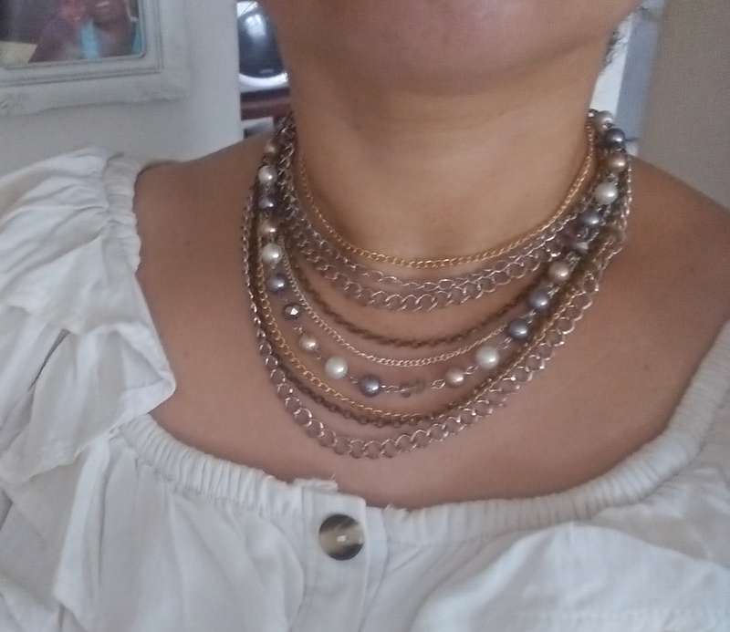 Layered Multi Strand Chunky Chain Pearl Necklace