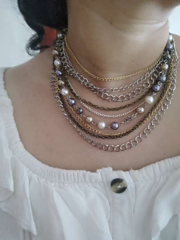 Layered Multi Strand Chunky Chain Pearl Necklace