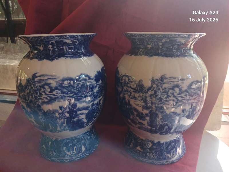 Large pair of blue and white Staffordshire porcelain vases