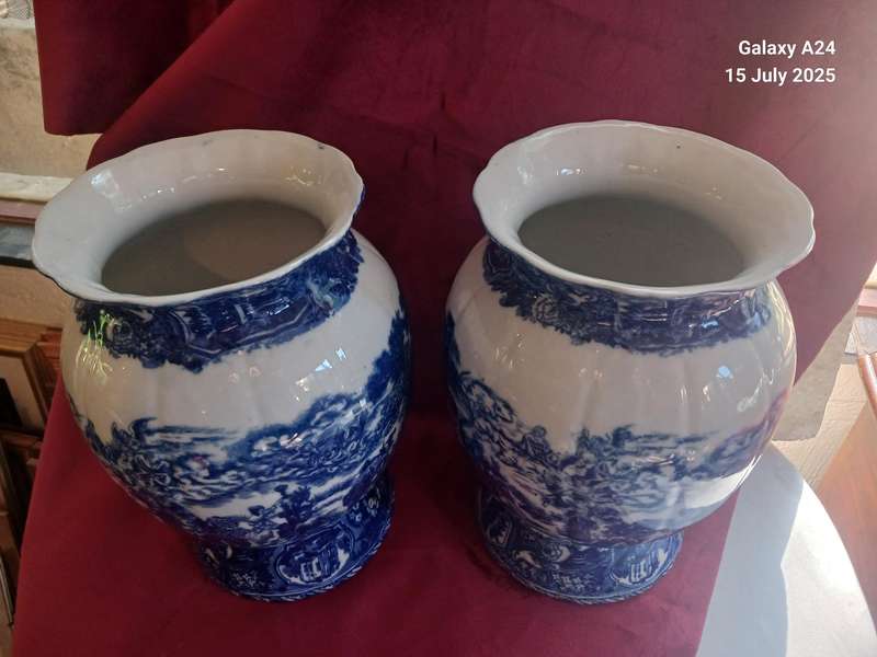 Large pair of blue and white Staffordshire porcelain vases