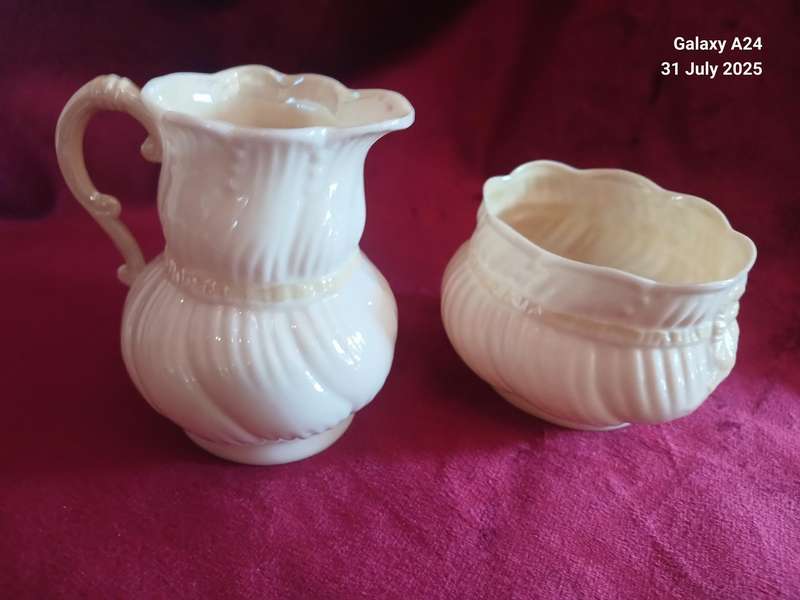 Vintage Belleek milk jug and sugar bowl