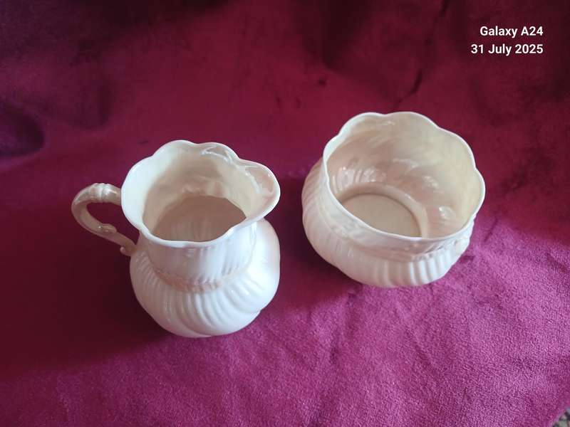 Vintage Belleek milk jug and sugar bowl