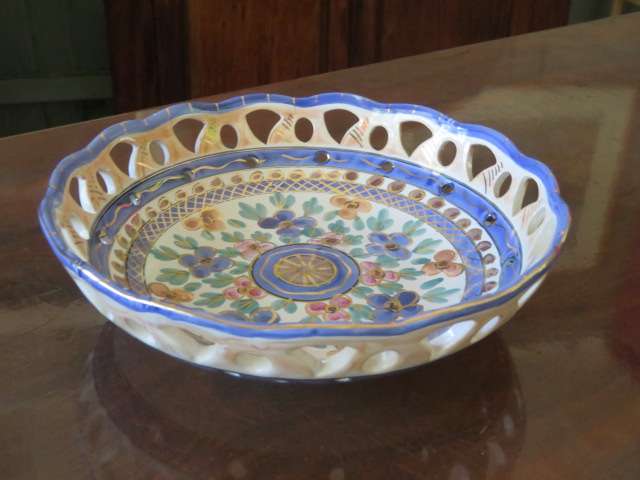 Multicoloured pierced Flora Gouda Holland glazed pottery dish.