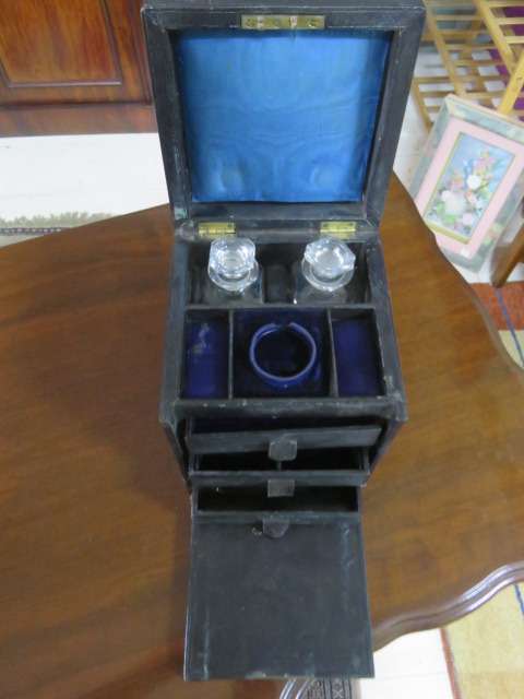 Victorian jewelry box with glass perfume bottles