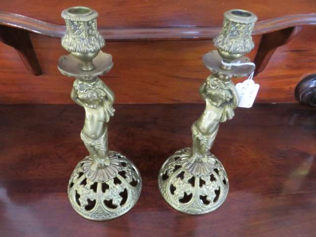 Pair of vintage cherub gilded bronze candlesticks