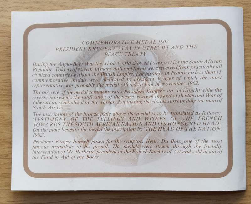Boer War 1902 Paul Kruger Utrecht and The Peace Treaty Medal. Great beautiful item!!