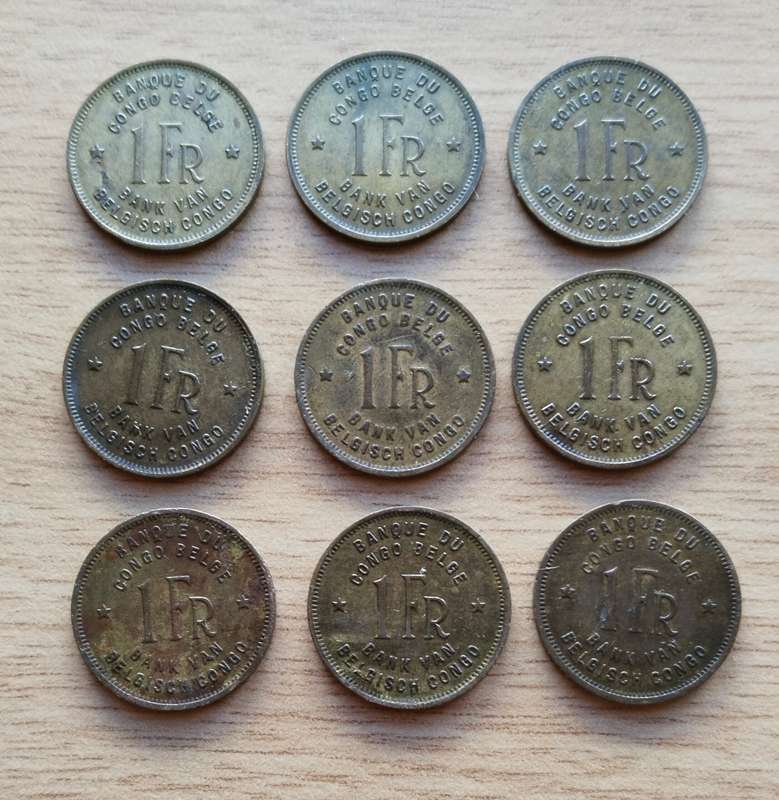 Belgium Congo Collection of 9 old 1 Frank Coins. One bid Takes all.