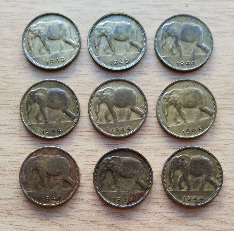 Belgium Congo Collection of 9 old 1 Frank Coins. One bid Takes all.