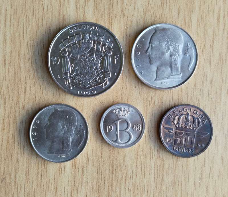 Belgium collection of 5 old coins. Good condition.