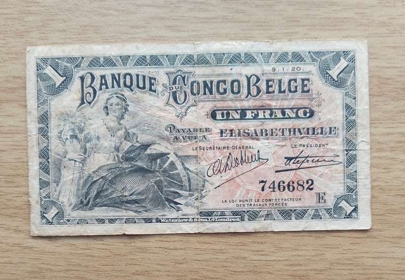 Belgium Congo 9. 1. 20 Un Franc Bank Notes.