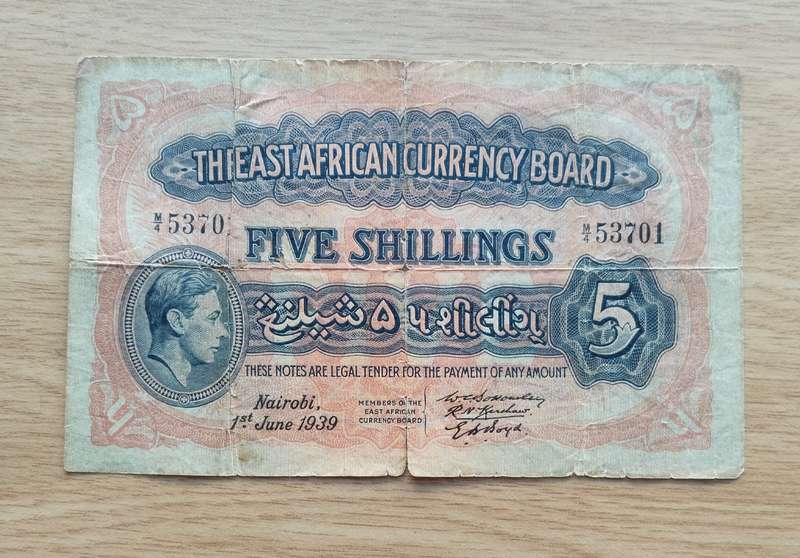 Nairobi 1st June 1939 East Africa Currency Board Five Shillings. (Small tears) Rare note.
