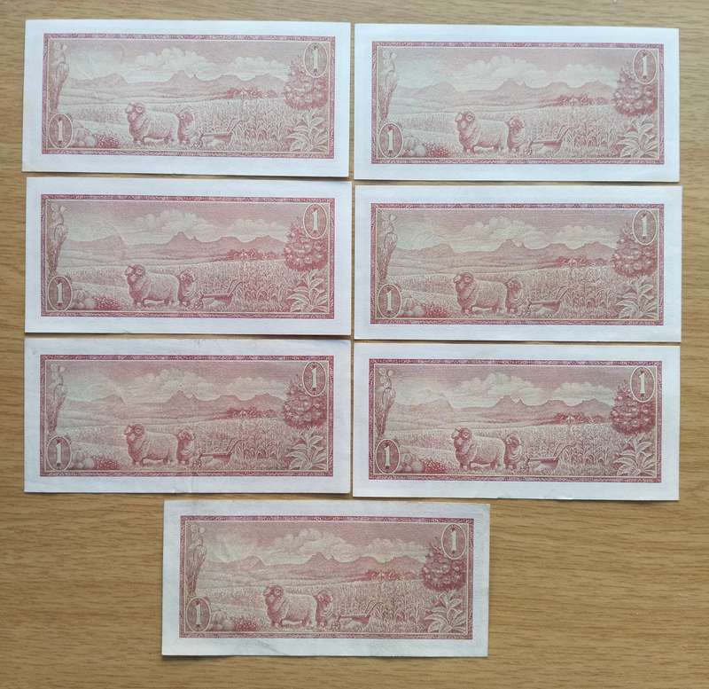 Collection of 7 good condition de Jongh R1 Bank Notes. One bid Takes all.