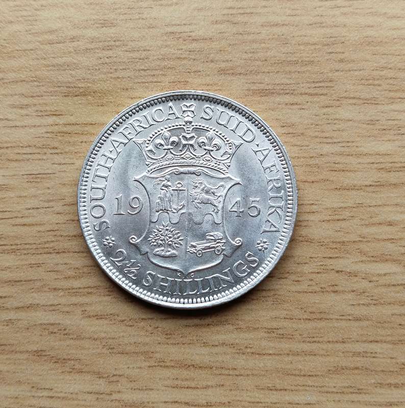 South Africa UNC /AU 1945 Silver Half Crown. ( Possible cracked die error)