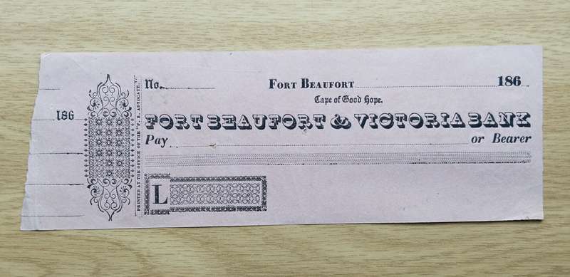 Cape of Good Hope Fortbeaufort and Victoria Bank 186? cheque.