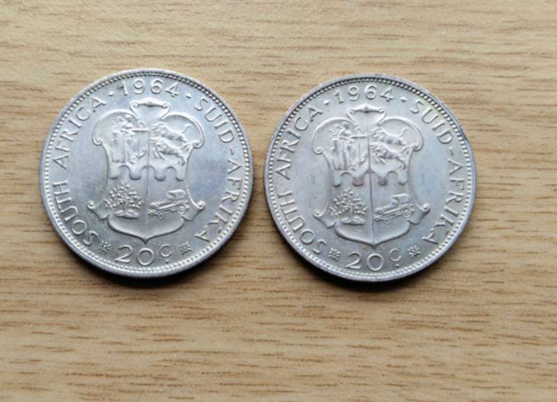 South Africa 2 X 1964 Silver 20 Cents.
