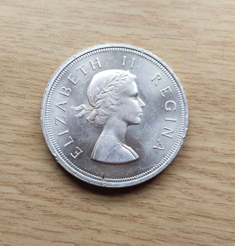 South Africa 1957 Silver 5 Shillings.
