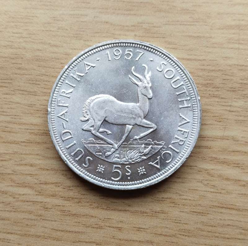 South Africa 1957 Silver 5 Shillings.
