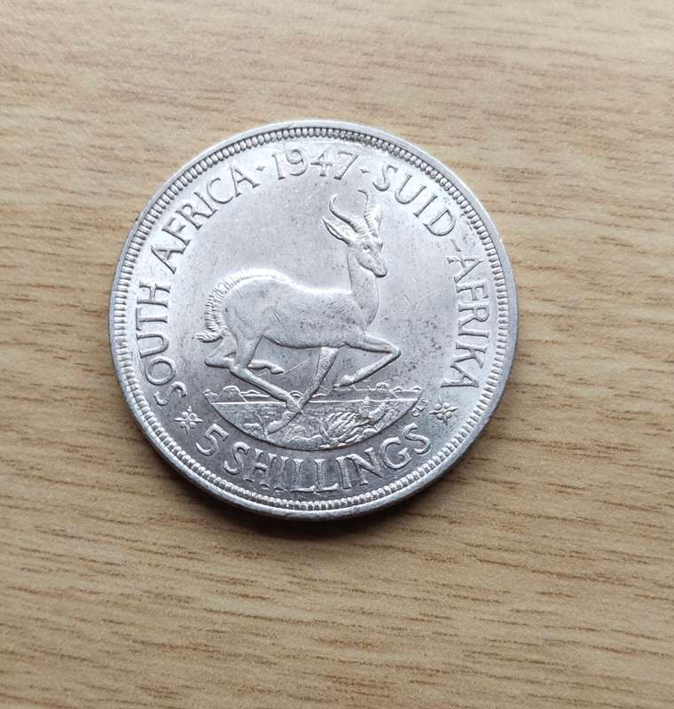 South Africa 1947 Silver 5 Shillings.