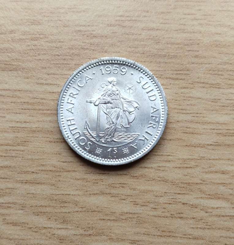 South Africa 1959 Silver Shilling. Rare date. Good condition.