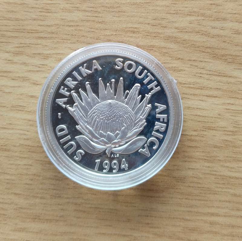 South Africa 1994 Silver Proof Conservation Protea one Rand.