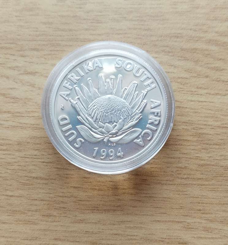 South Africa 1994 Silver Proof Conservation Protea one Rand.