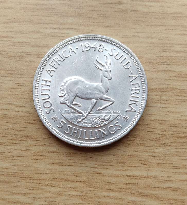 South Africa 1948 Silver 5 Shillings. Good condition.