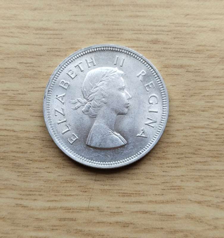 Cracked die South Africa 1954 Silver Half Crown. Good condition.