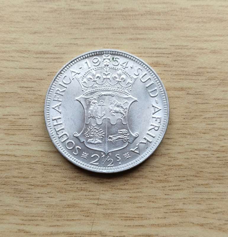 Cracked die South Africa 1954 Silver Half Crown. Good condition.