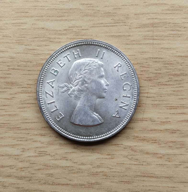 South Africa 1956 Silver Half Crown. Good condition.