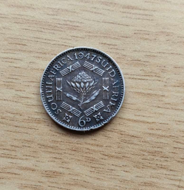 South Africa 1947 Silver Sixpence.