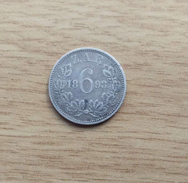 ZAR Paul Kruger 1893 Silver Sixpence. Rare date.