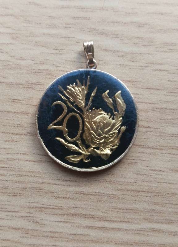 South Africa 1990 Enameled 20 cent in pendant.