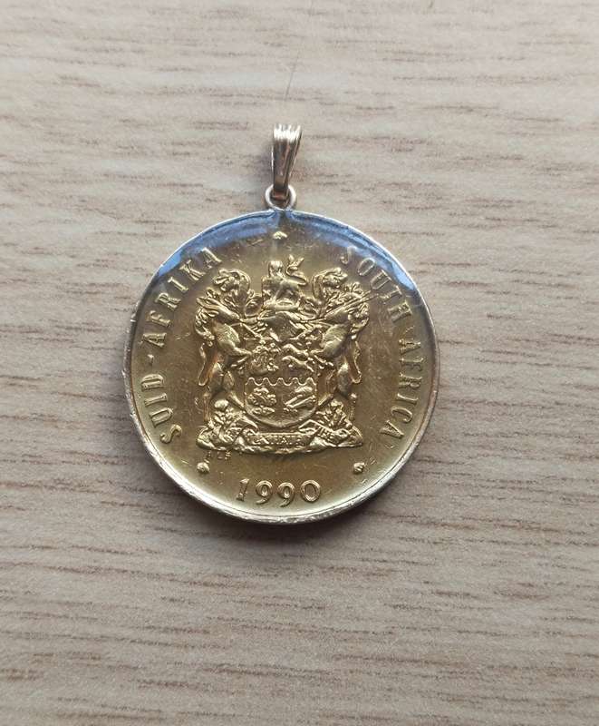 South Africa 1990 Enameled 20 cent in pendant.