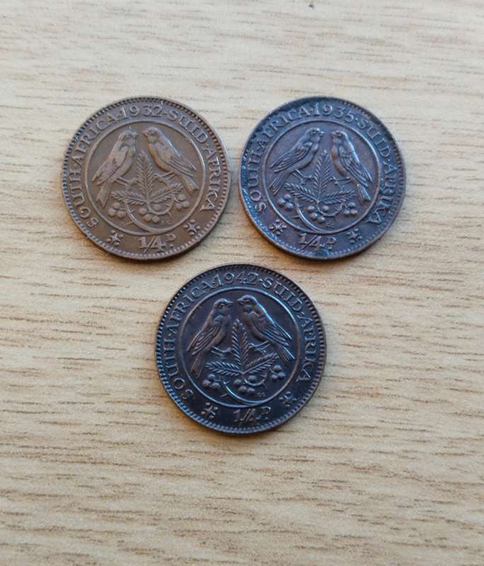 South Africa 1932, 1935 and 1942 Quarter Penny's. One bid takes all.