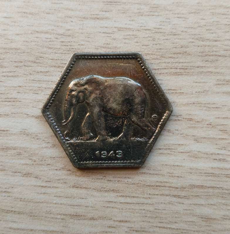 Belgium Congo 1943 Old 2 Franc.