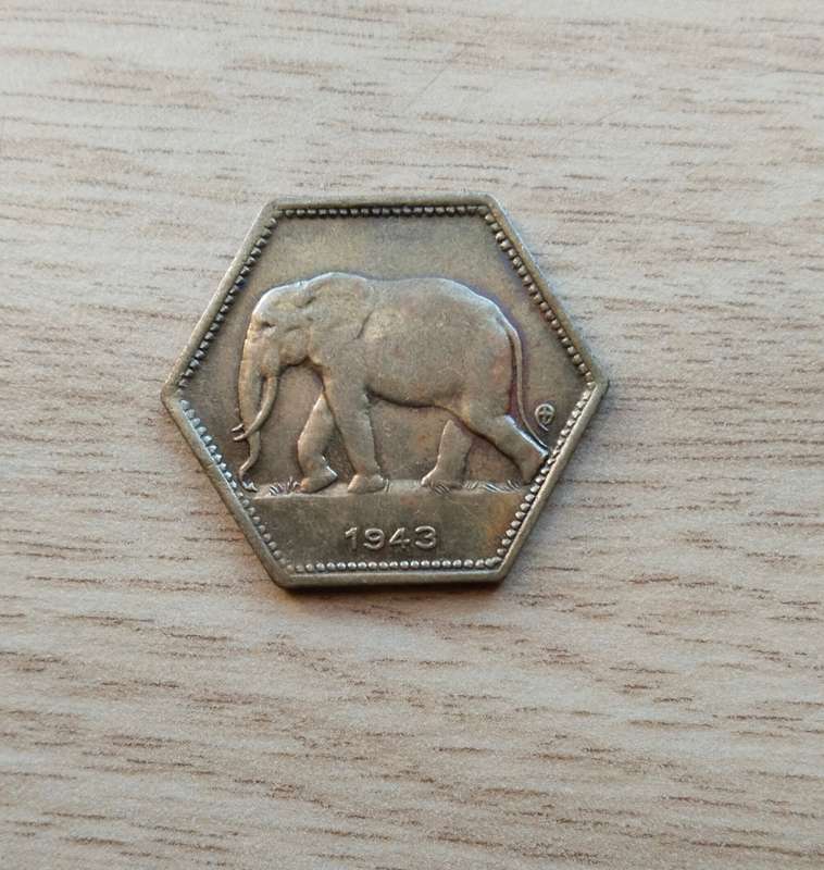 Belgium Congo 1943 Old 2 Franc.