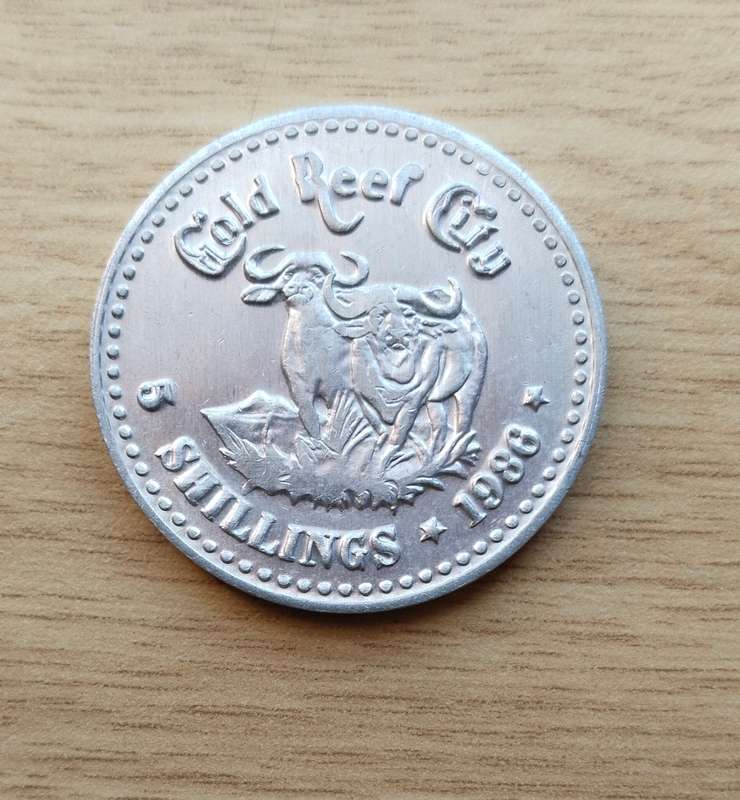 ZAR Paul Kruger Gold Reef City 5 Shillings token. Good condition.