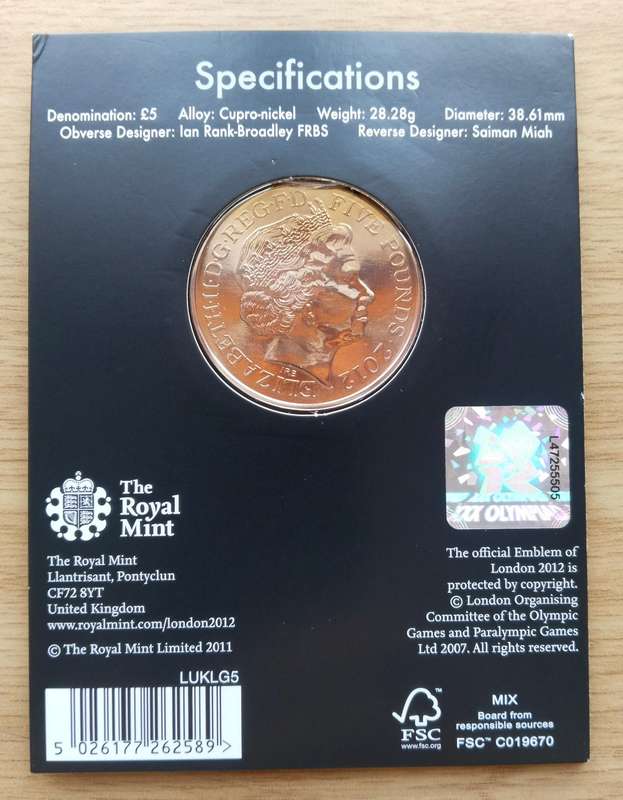 Great Britain 2012 Olympic Commemorative Five Pound coin.