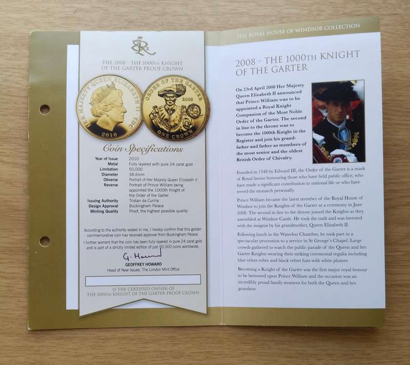 Great Britain 24ct 2008 gold plated the 1000th Knight of the Garter crown coin.