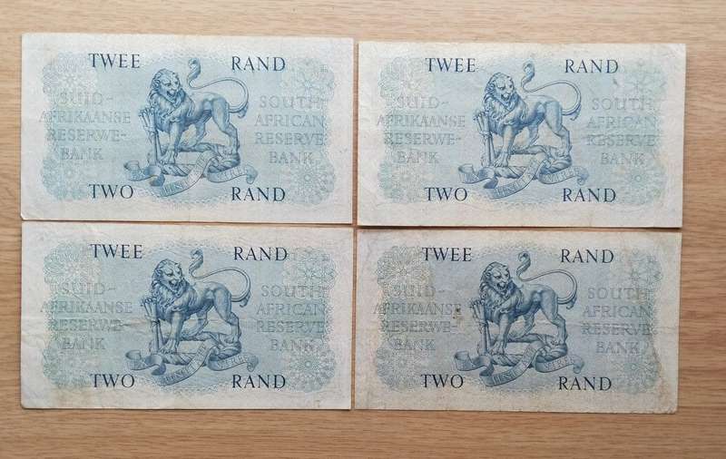 South Africa M.H. de Kock collection of 4 old R2 Bank Notes. One bid takes all.