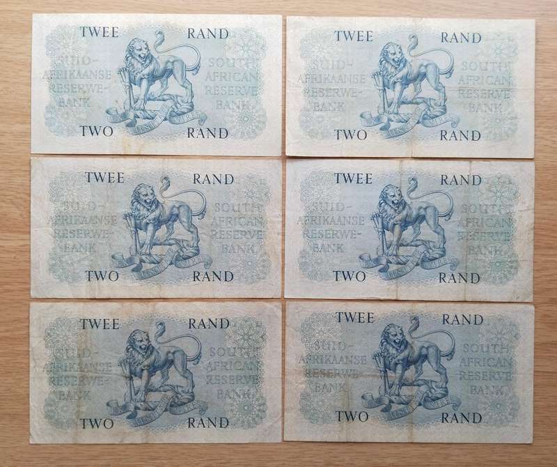 South Africa M.H. de Kock collection of 6 old Two Rand Bank Notes. One bid takes all.