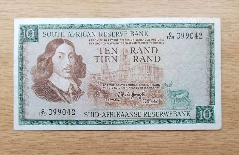 South Africa de Jongh Old R10 Bank Note. Good condition. (042)